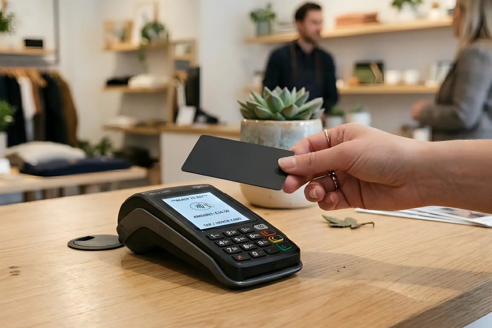 A customer paying by contactless card at a shop counter terminal